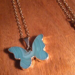 Green Agate Goldtone Butterfly Pendant Goldtone Over Stainless Steel Necklace